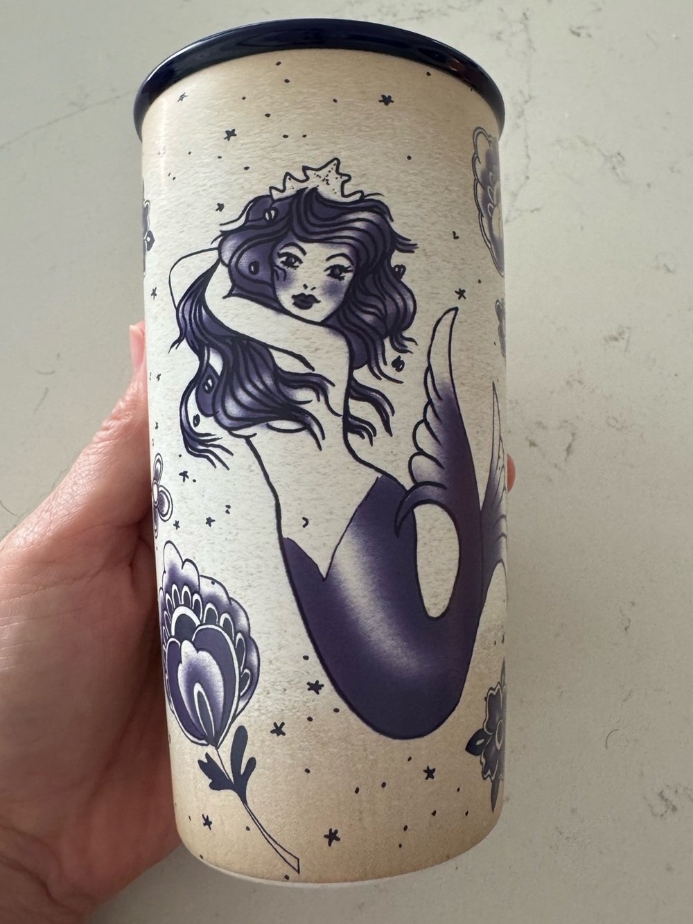 Starbucks 2016 Sailor Blue Mermaid Siren Tattoo Ceramic 12oz Travel Tumbler